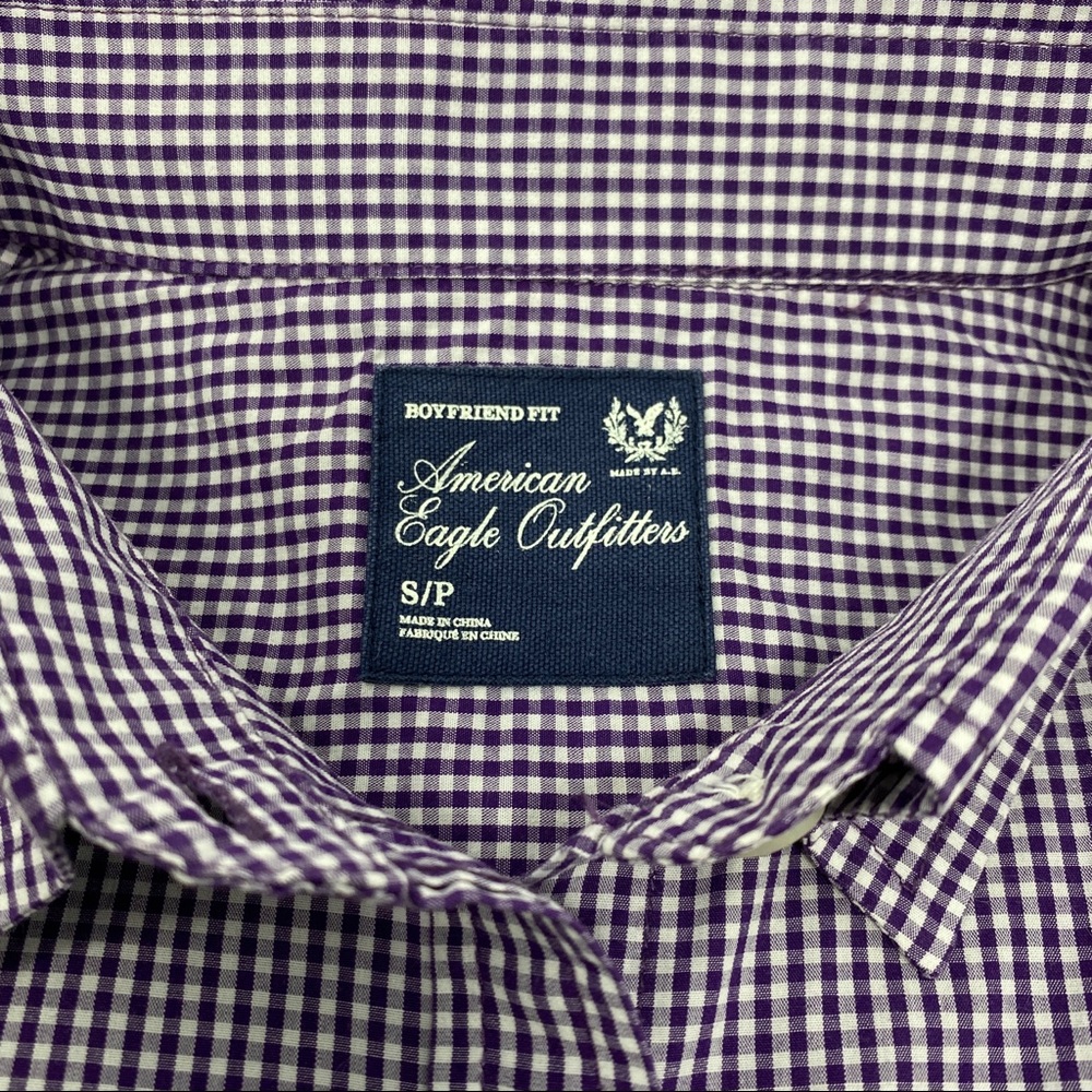 American Eagle Boyfriend Fit Purple Gingham Button Up Long Sleeve Shirt Small - Picture 8 of 8